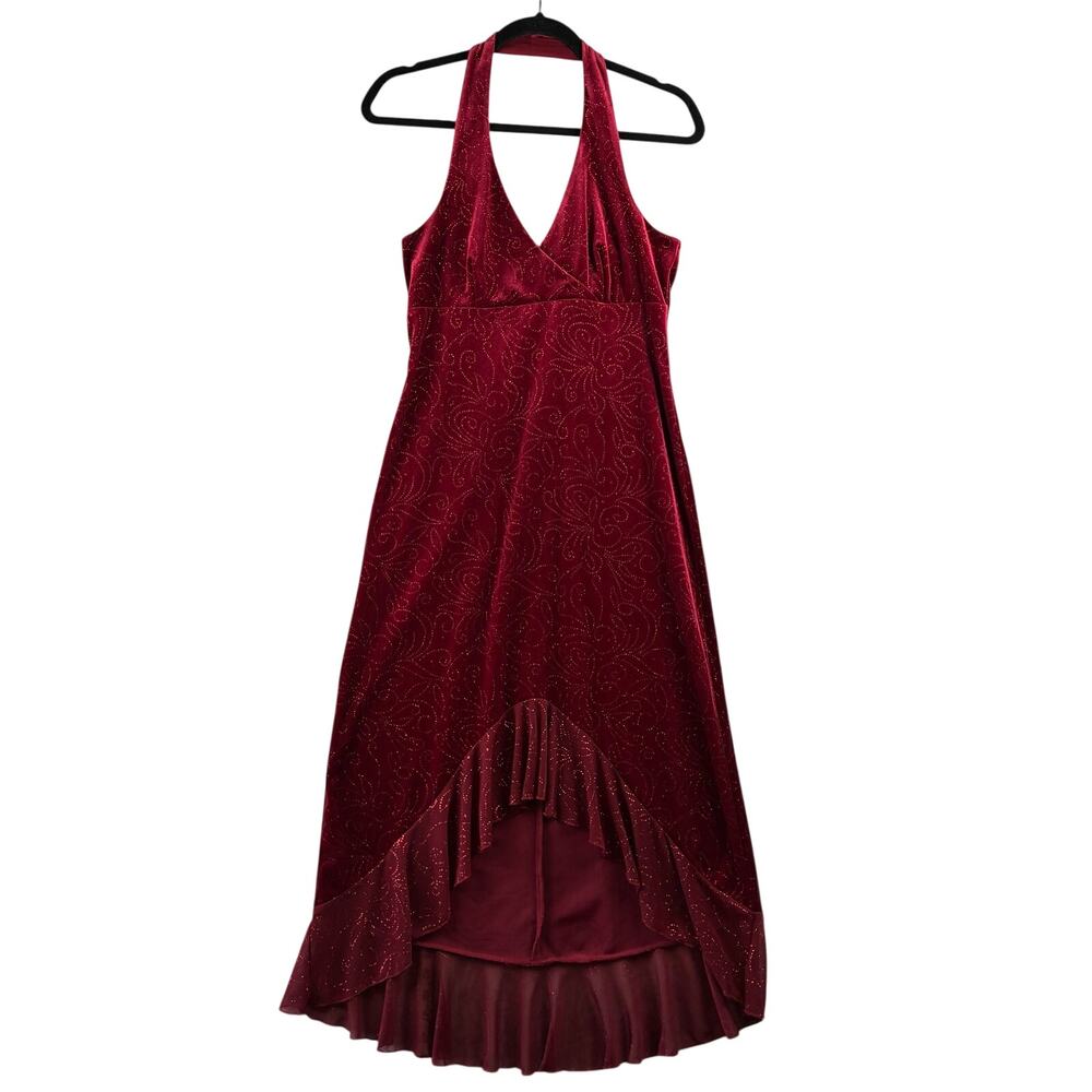 Vtg City Triangles Red Velvet Sparkle Halter Hi Low Dress Prom Gothic Ruffle Mob